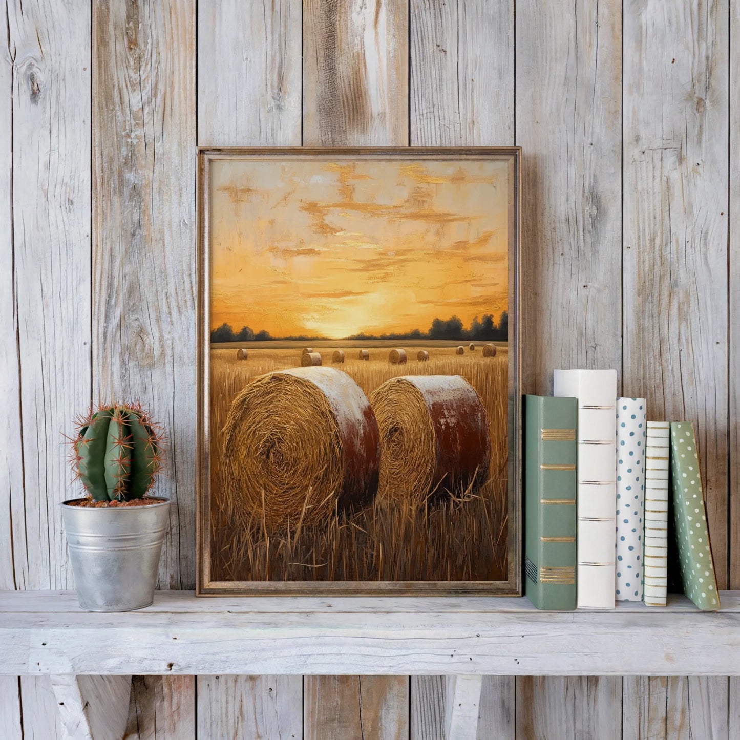 Harvest Field Hay Bales Amber Sunset Farmhouse Canvas Wall Art — Honeyed amber tones create textured canvas with rough brushstrokes mimicking weathered countryside