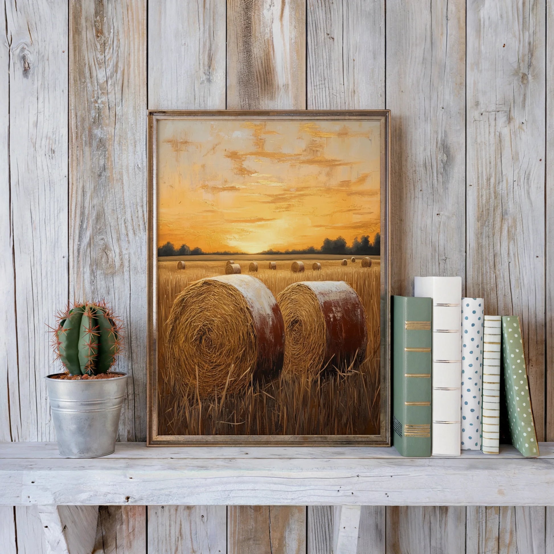 Harvest Field Hay Bales Amber Sunset Farmhouse Canvas Wall Art — Honeyed amber tones create textured canvas with rough brushstrokes mimicking weathered countryside