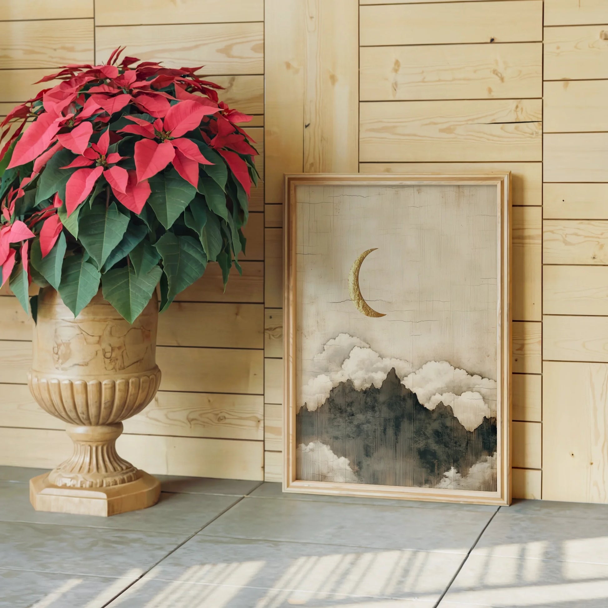 Moon Mountain Wall Art Japandi Champagne Mist Canvas Print — Earthy canvas print of mystical highlands under crescent displayed in rustic chic interior design