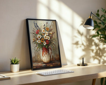 Farmhouse Pitcher Floral Impasto Textured Canvas Wall Art — Charming barnhouse style canvas showcasing antique vessel filled with garden blooms for traditional home decor