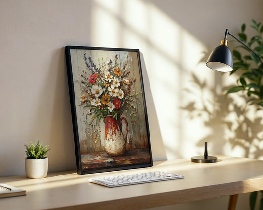 Farmhouse Pitcher Floral Impasto Textured Canvas Wall Art — Charming barnhouse style canvas showcasing antique vessel filled with garden blooms for traditional home decor