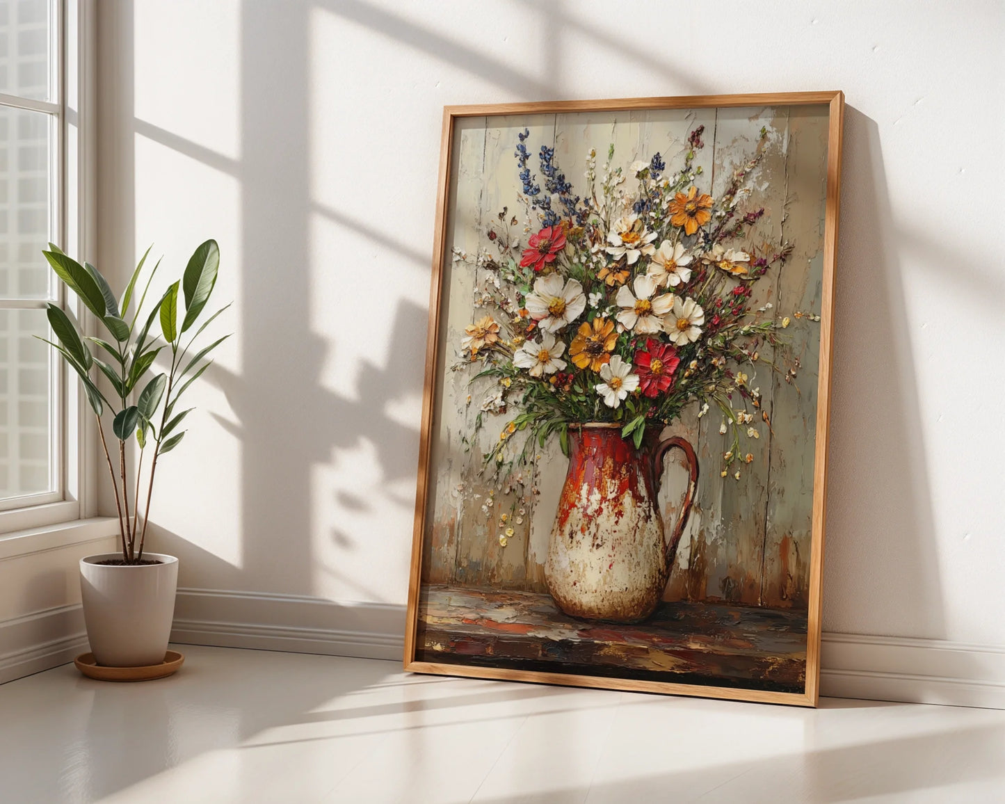 Farmhouse Pitcher Floral Impasto Textured Canvas Wall Art — Vintage inspired artwork featuring ceramic jug with wildflowers displayed in cozy interior design setting