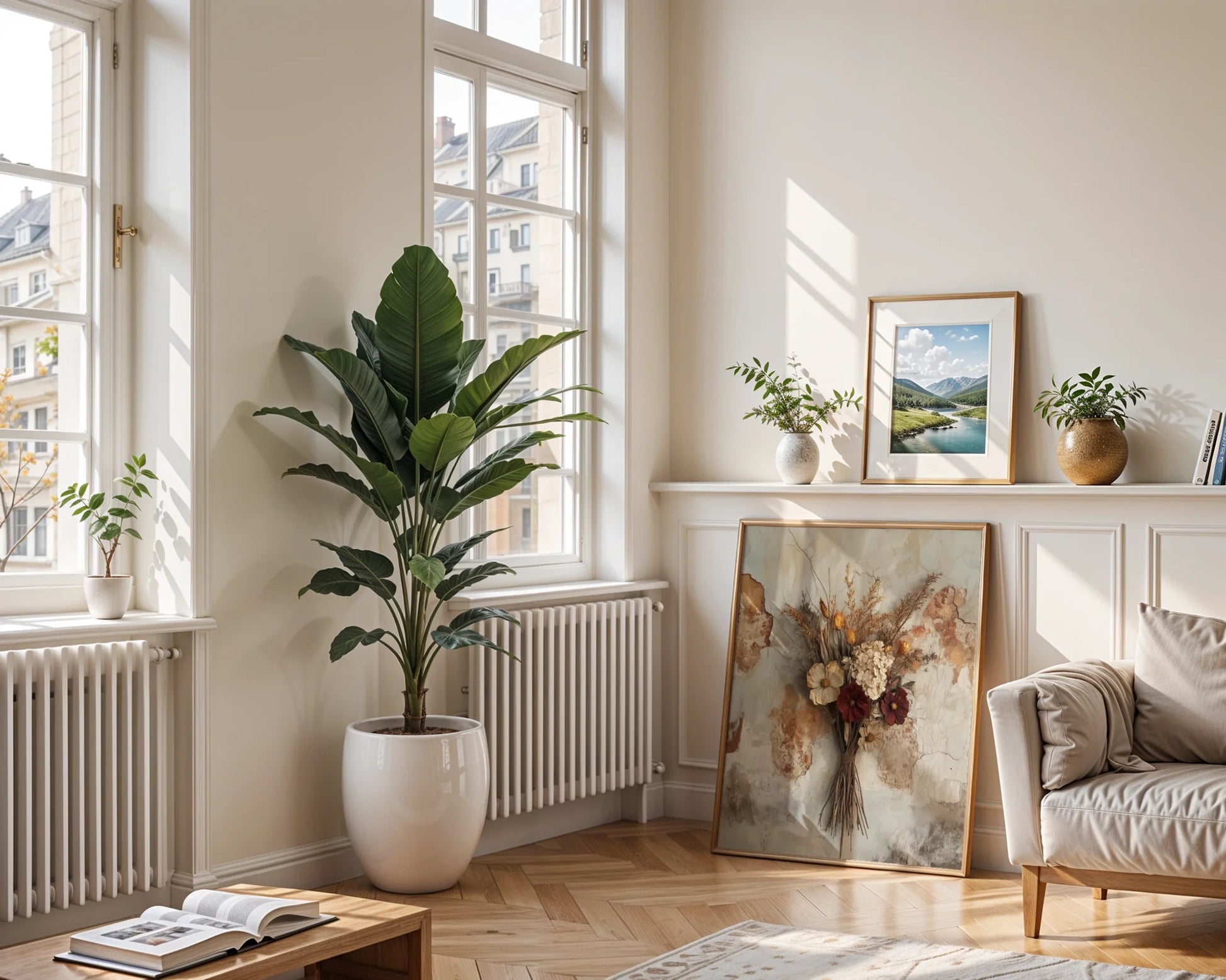 Dried Flower Bouquet Boho Botanical Canvas Wall Art — Canvas artwork featuring tied stems and preserved florals on textured wall for bohemian home styling