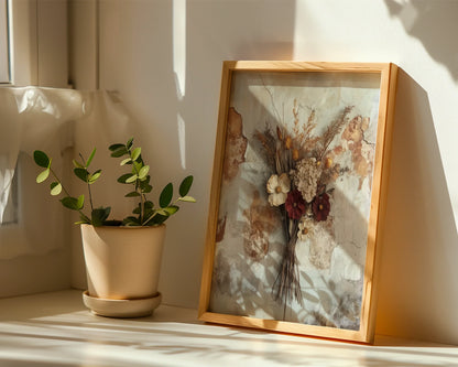 Dried Flower Bouquet Boho Botanical Canvas Wall Art — Farmhouse-inspired canvas showcasing bundled herbs with hemp rope against aged plaster backdrop