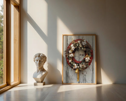 Rustic Farmhouse Wreath Cotton Bolls Barn Door in room