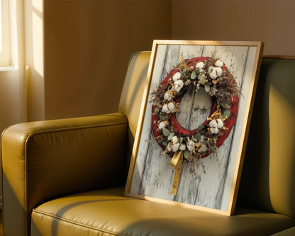 Rustic Farmhouse Wreath Cotton Bolls Barn Door in room