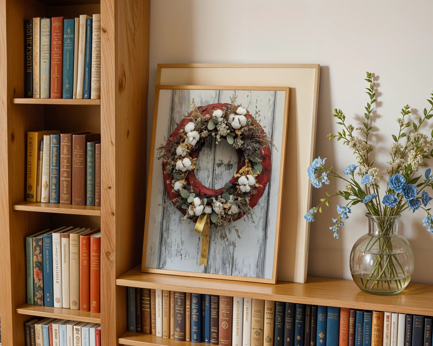 Rustic Farmhouse Wreath Cotton Bolls Barn Door Canvas Wall Art — Classic dining area enhanced by aged red circle artwork perfect for timeless farmhouse aesthetics