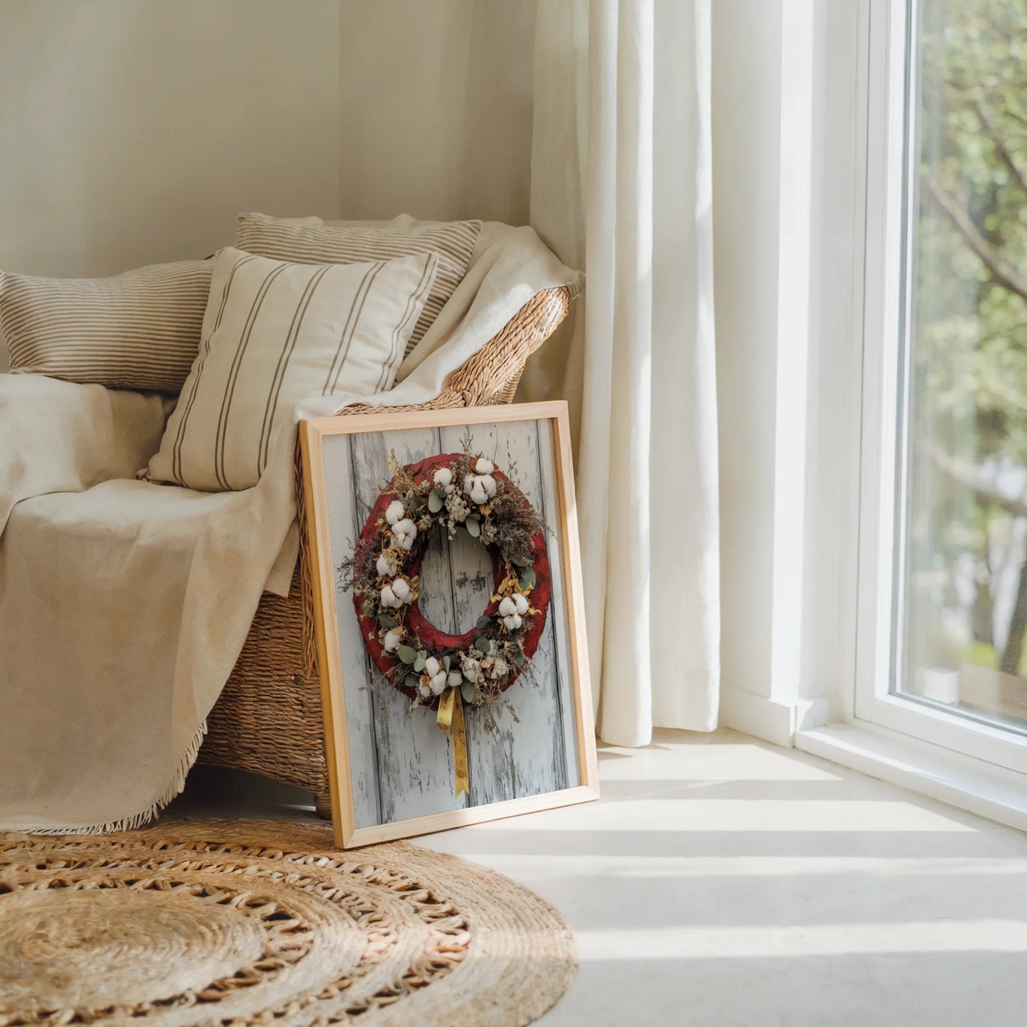 Rustic Farmhouse Wreath Cotton Bolls Barn Door in room