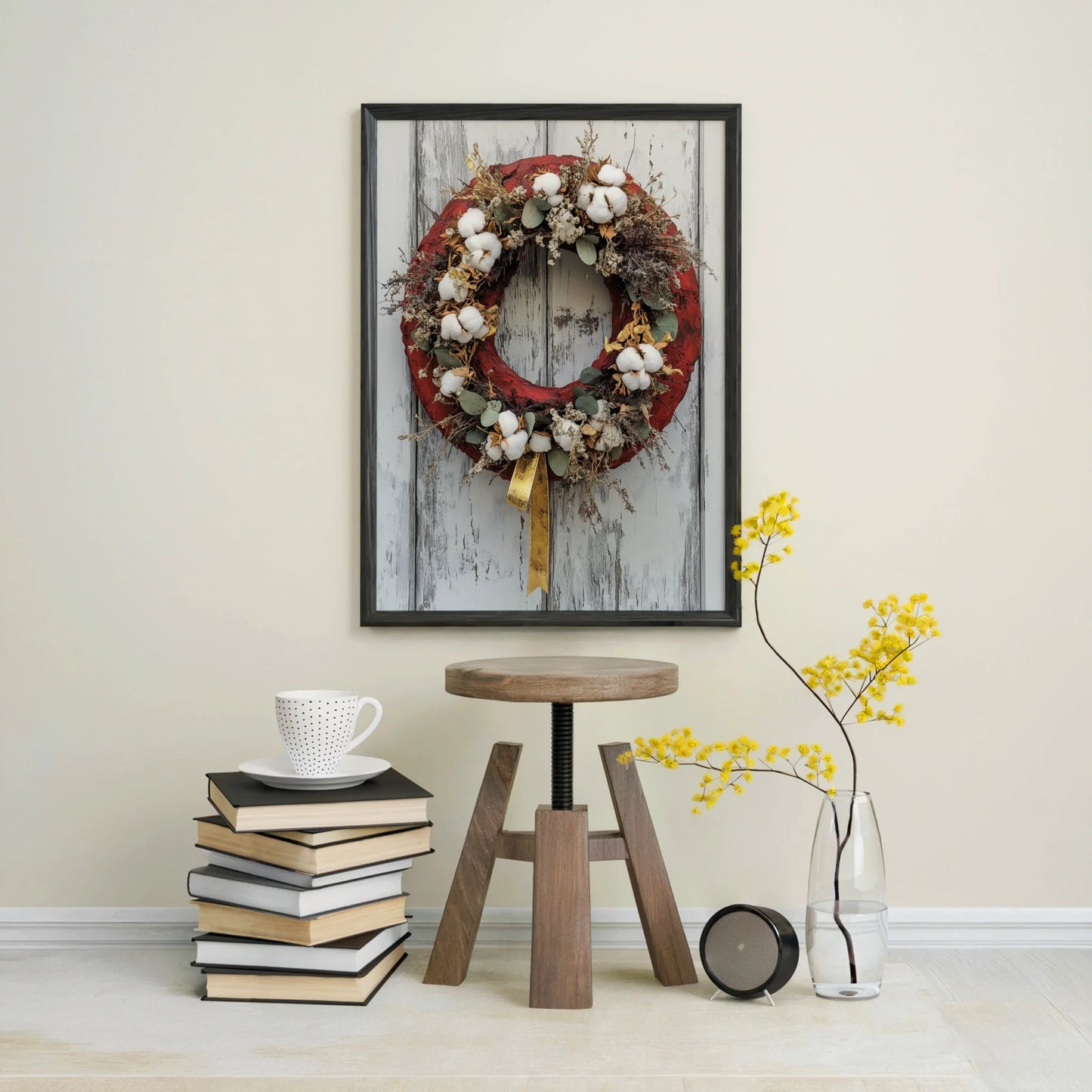 Rustic Farmhouse Wreath Cotton Bolls Barn Door in room