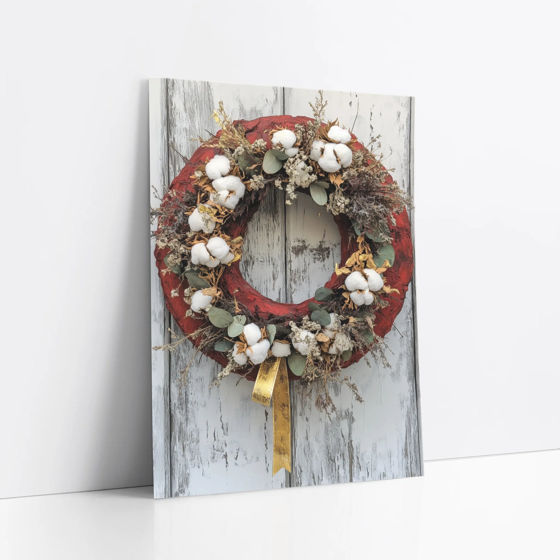 Rustic Farmhouse Wreath Cotton Bolls Barn Door art print