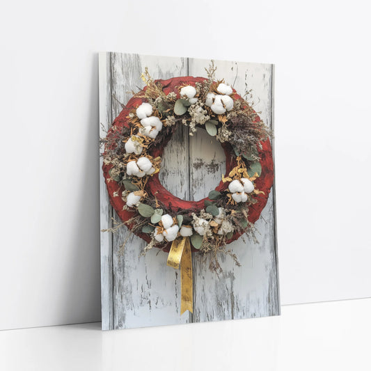 Rustic Farmhouse Wreath Cotton Bolls Barn Door art print