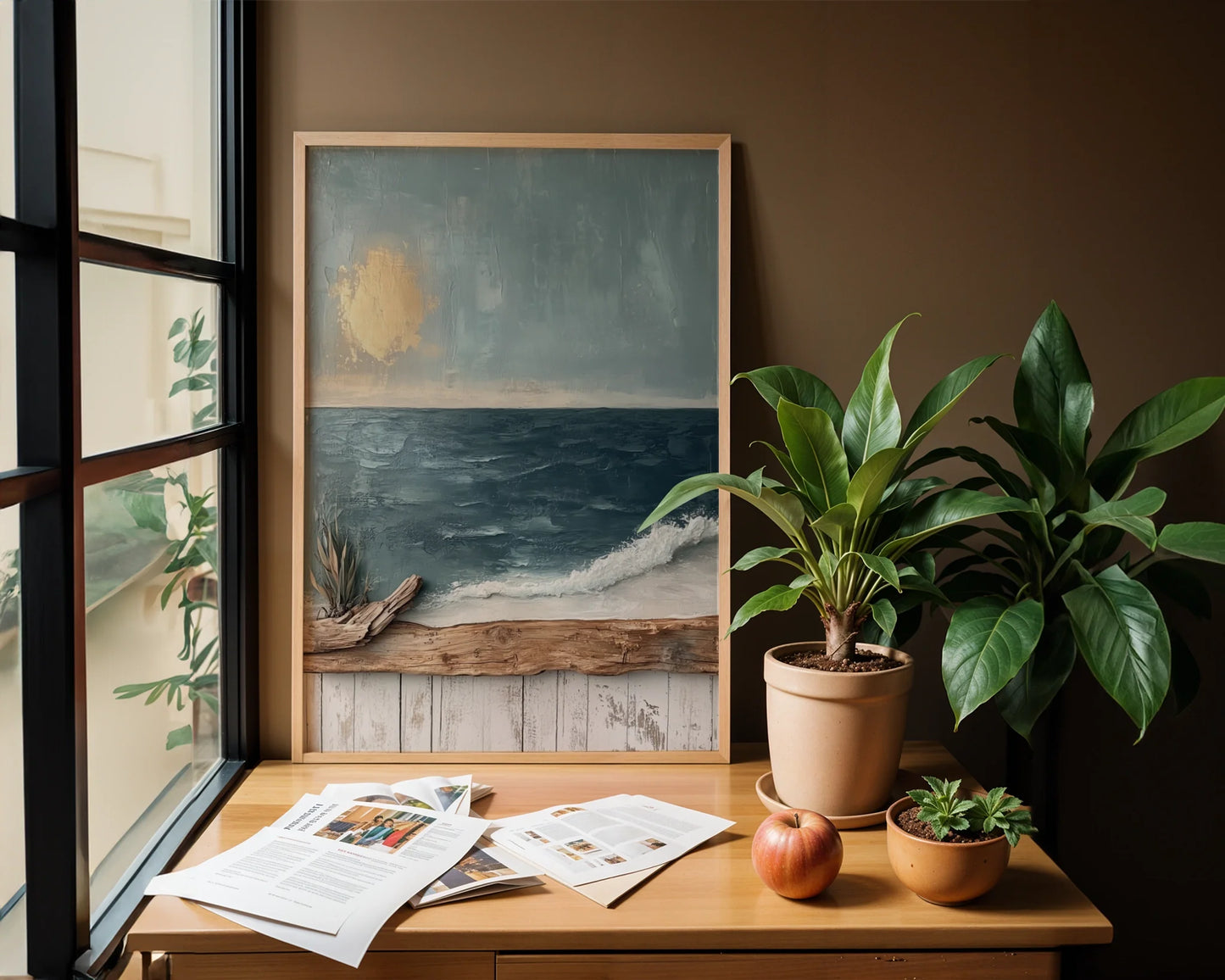 Stormy Seascape Canvas Wall Art with Driftwood Frame Golden Sun — Minimalist nautical artwork showing turbulent seascape for contemporary home decor styling