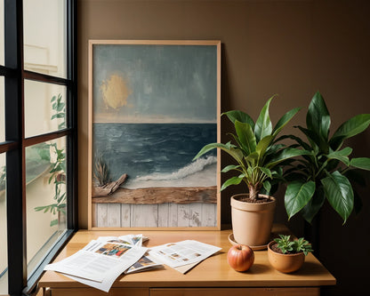 Stormy Seascape Canvas Wall Art with Driftwood Frame Golden Sun — Minimalist nautical artwork showing turbulent seascape for contemporary home decor styling
