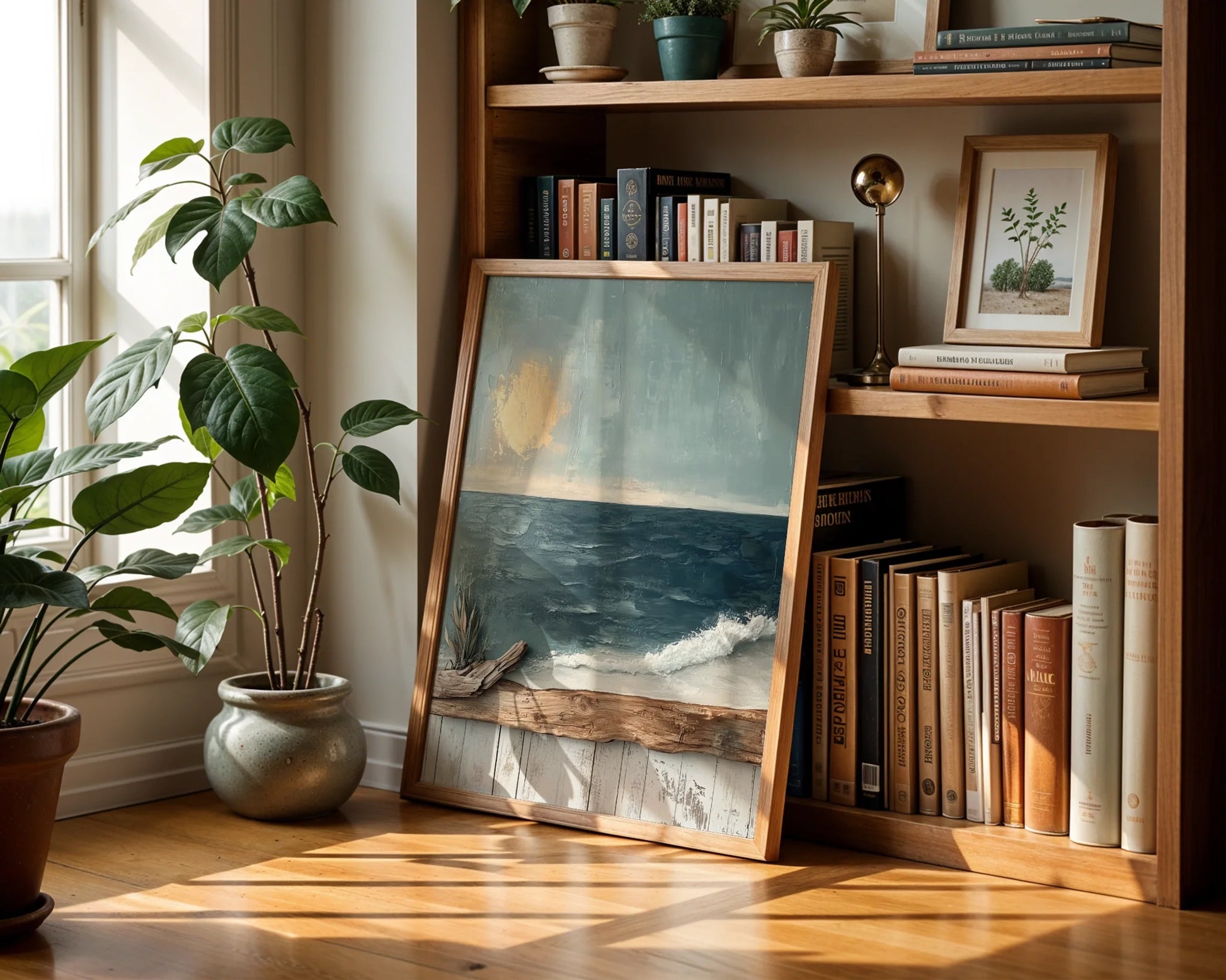 Stormy Seascape Canvas Wall Art with Driftwood Frame Golden Sun — Abstract shoreline artwork featuring rolling surf for farmhouse home decor accents