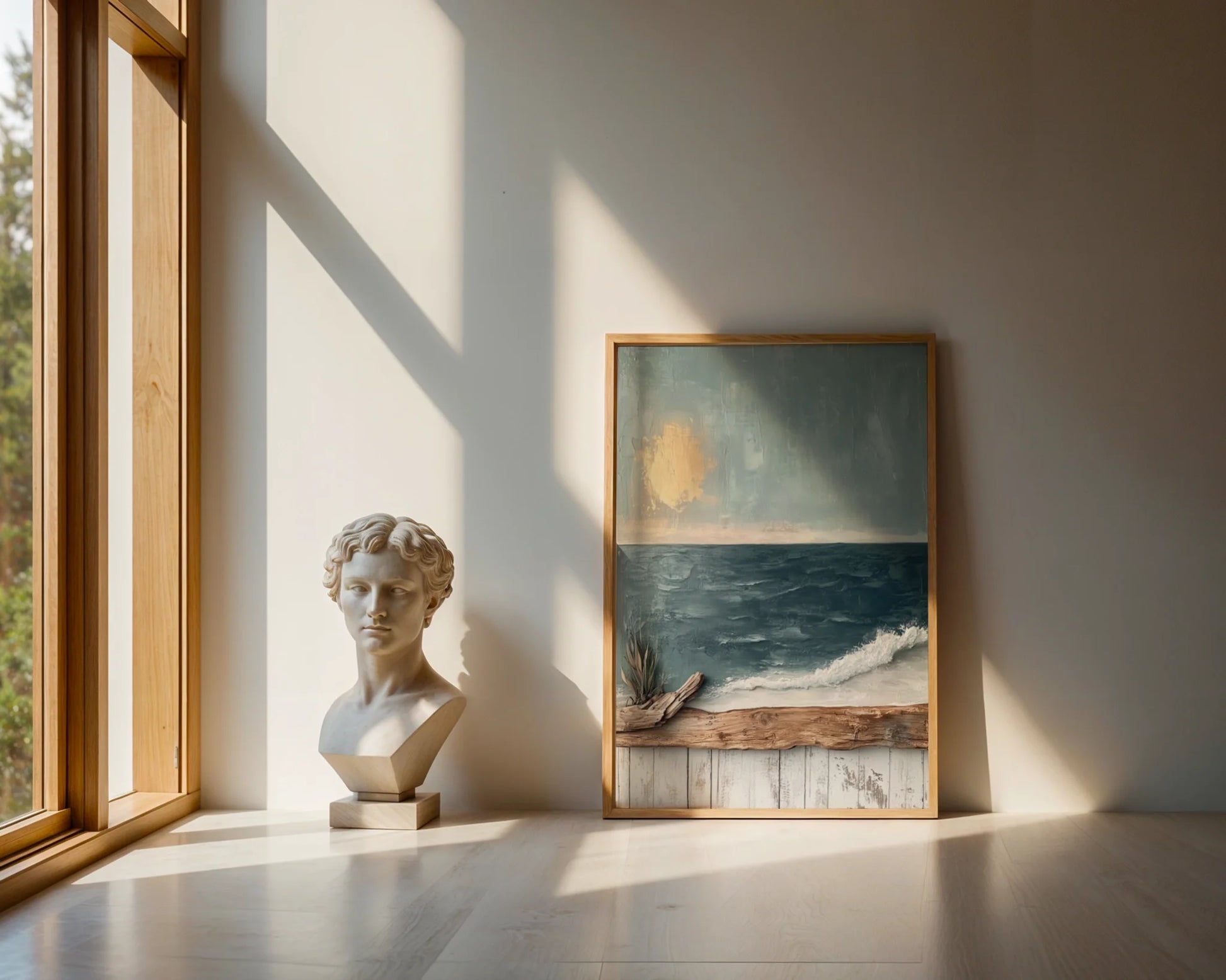 Stormy Seascape Canvas Wall Art with Driftwood Frame Golden Sun — Industrial seascape canvas showing sunburst through clouds for modern interior styling