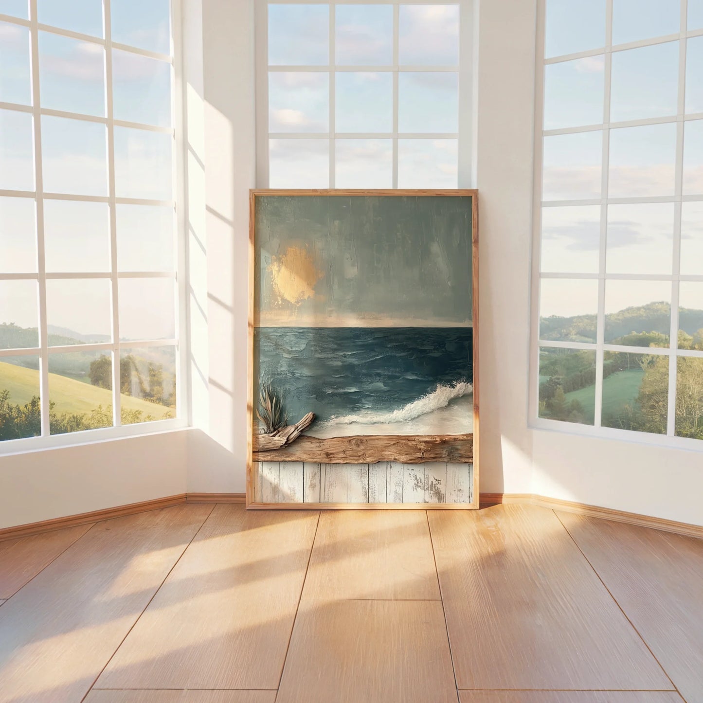 Stormy Seascape Canvas Wall Art with Driftwood Frame Golden Sun — Scandinavian maritime print depicting rough seas for clean home decor aesthetics