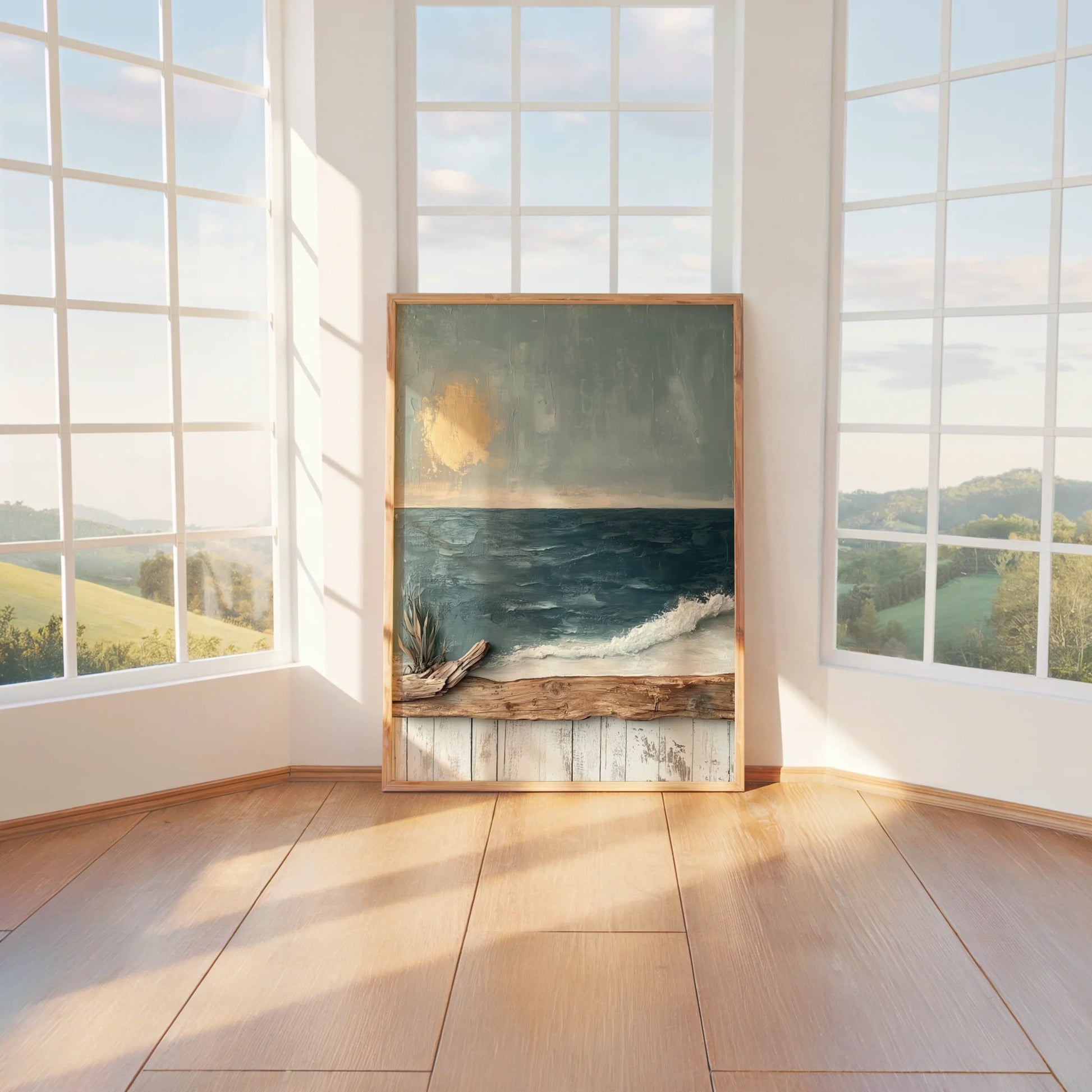 Stormy Seascape with Driftwood Frame Golden Sun in room