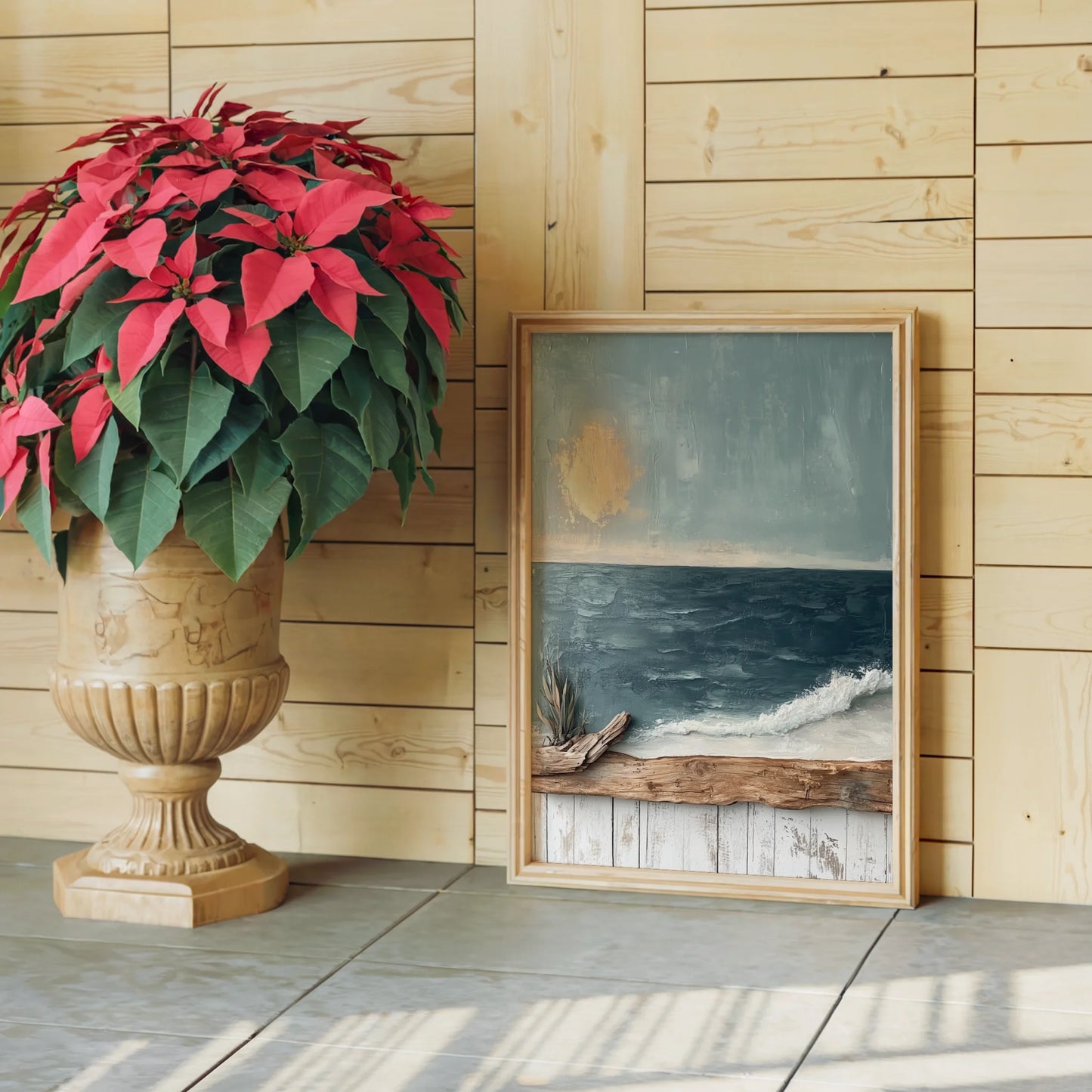 Stormy Seascape with Driftwood Frame Golden Sun in room