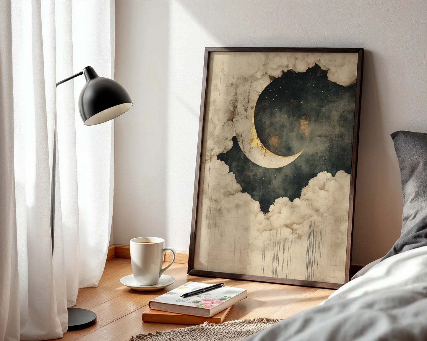 Celestial Moon Clouds Japandi Golden Rim in room