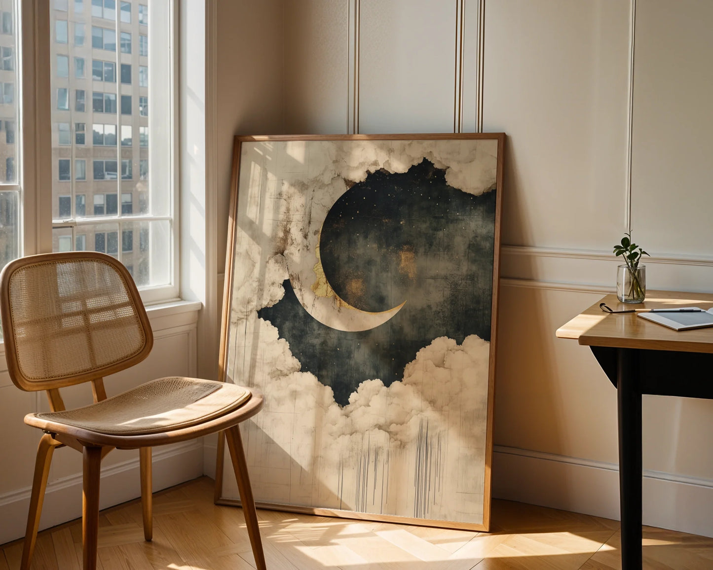 Celestial Moon Clouds Japandi Golden Rim in room