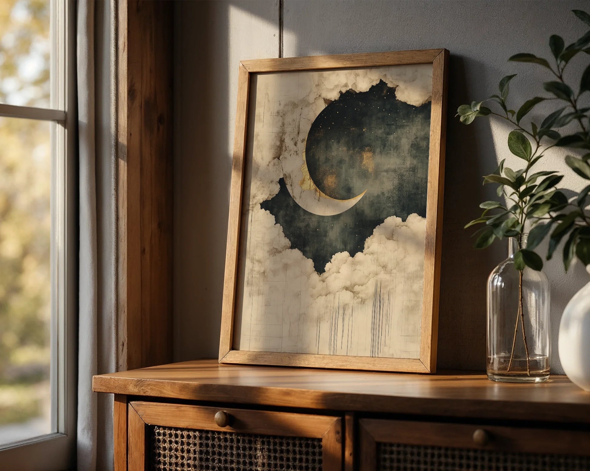 Celestial Moon Clouds Japandi Golden Rim Canvas Wall Art — Calming astronomical artwork with soft textures perfect for mindful living spaces and zen decor