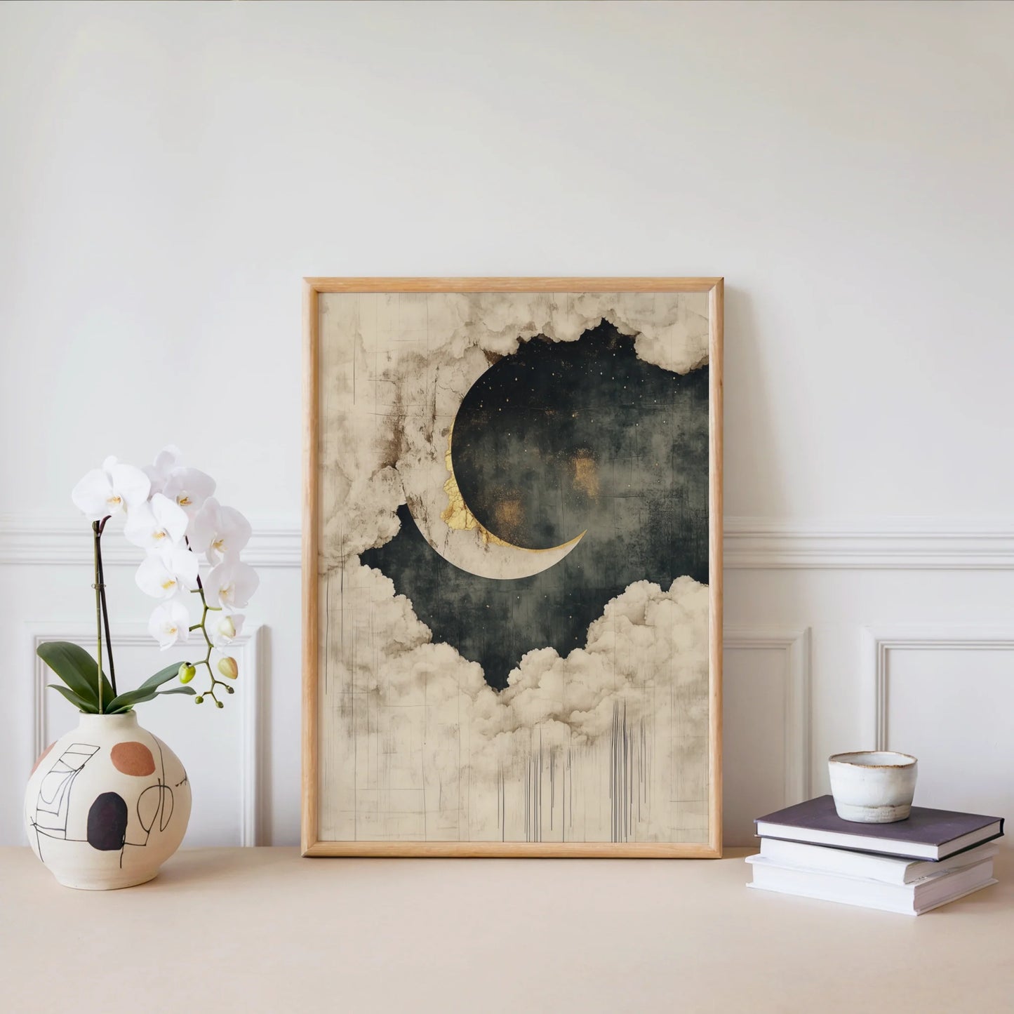 Celestial Moon Clouds Japandi Golden Rim in room