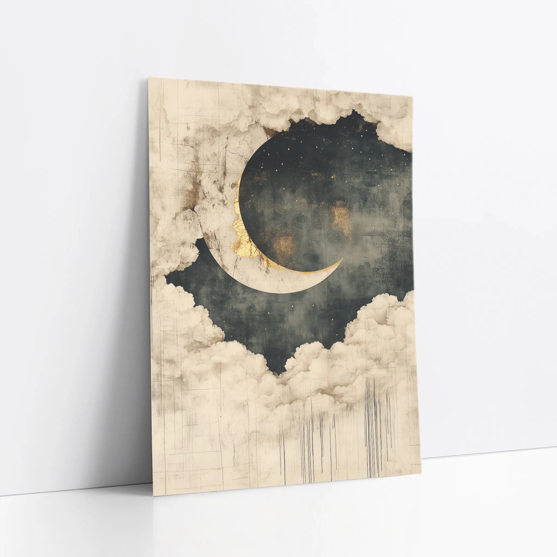 Celestial Moon Clouds Japandi Golden Rim art print