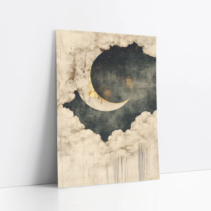 Celestial Moon Clouds Japandi Golden Rim art print