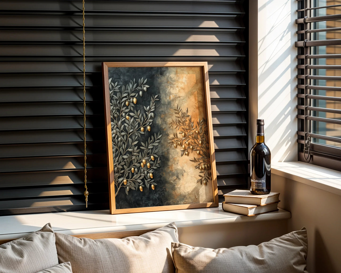 Olive Branch Textured Luxury Canvas Wall Art Gold Accents — Sleek botanical canvas showcasing golden olive sprigs for trendy home styling projects