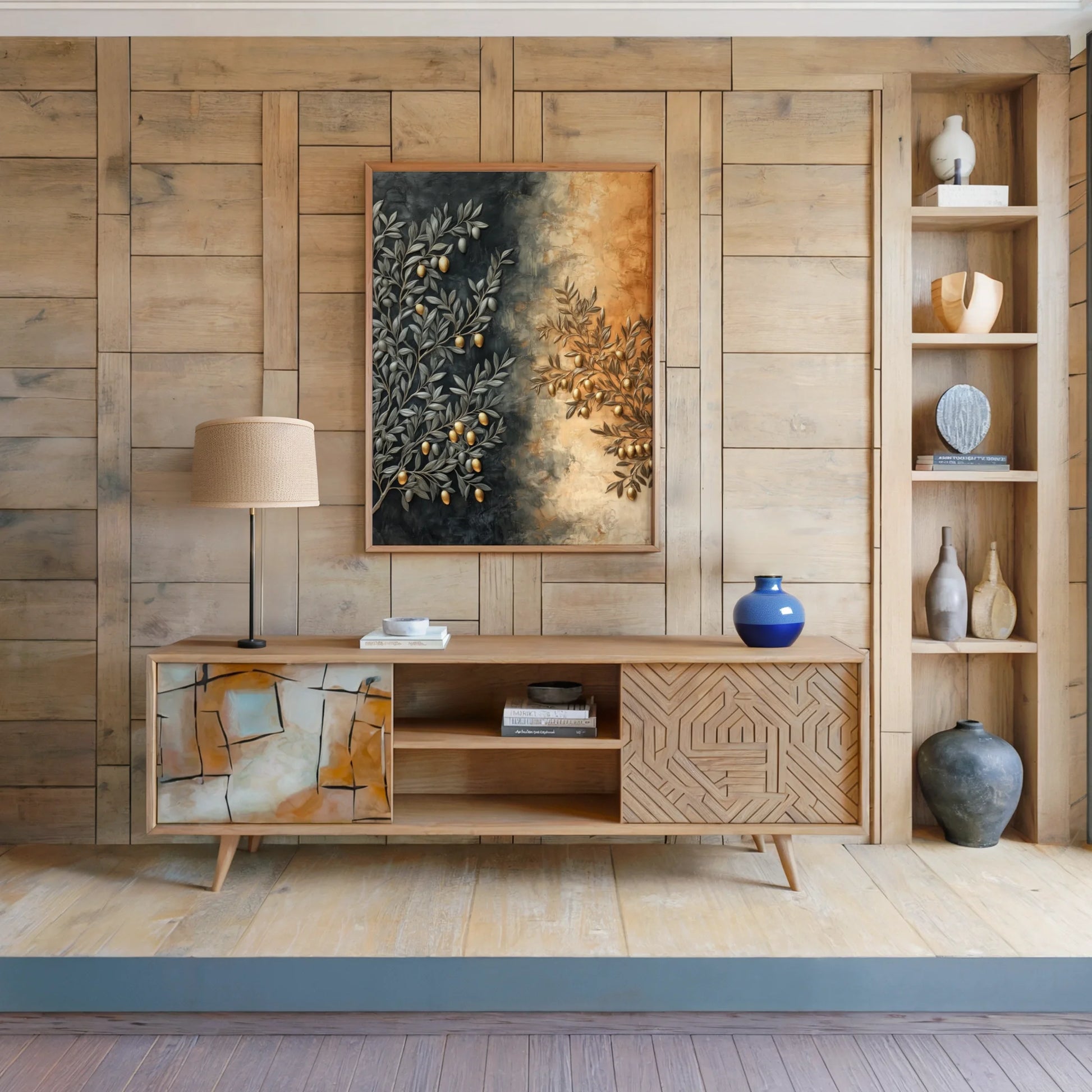 Olive Branch Textured Luxury Canvas Wall Art Gold Accents — Charcoal and bronze botanical canvas with thick paint layers creating tactile visual interest