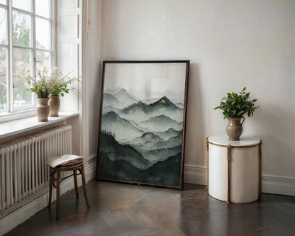 Misty Mountain Landscape Golden Peak Japandi Canvas Wall Art — Scandinavian inspired nature artwork showing rolling hills through morning haze for modern home decor