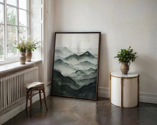 Misty Mountain Landscape Golden Peak Japandi Canvas Wall Art — Scandinavian inspired nature artwork showing rolling hills through morning haze for modern home decor