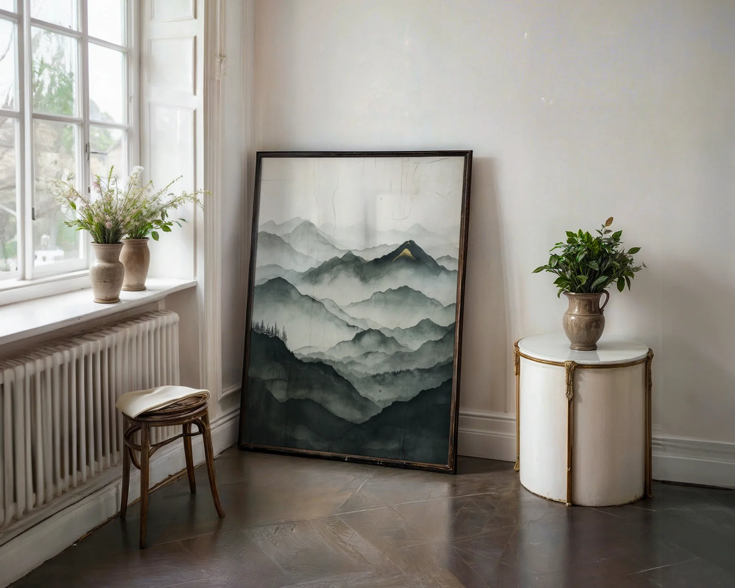 Misty Mountain Landscape Golden Peak Japandi in room