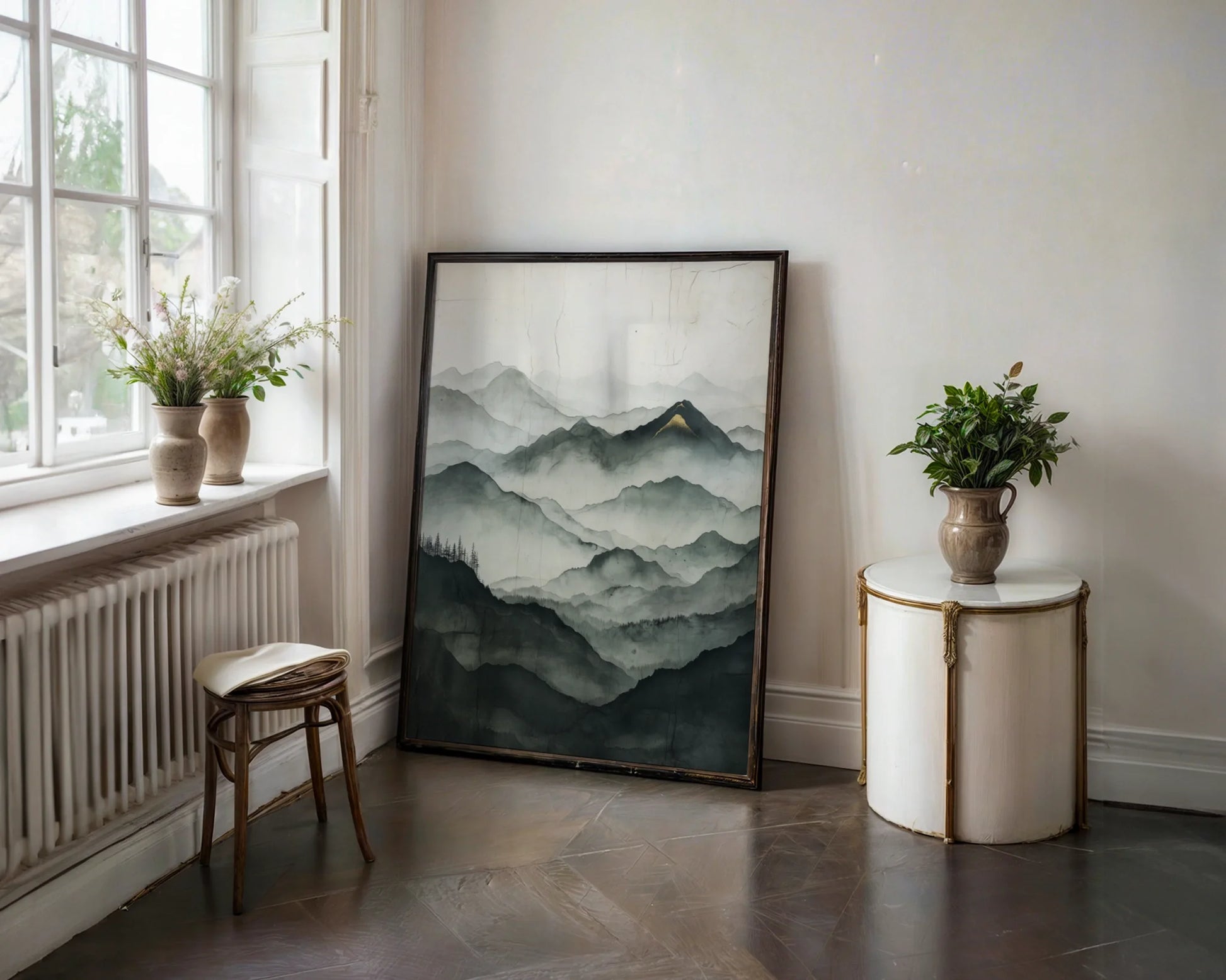 Misty Mountain Landscape Golden Peak Japandi in room