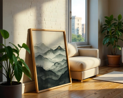 Misty Mountain Landscape Golden Peak Japandi in room