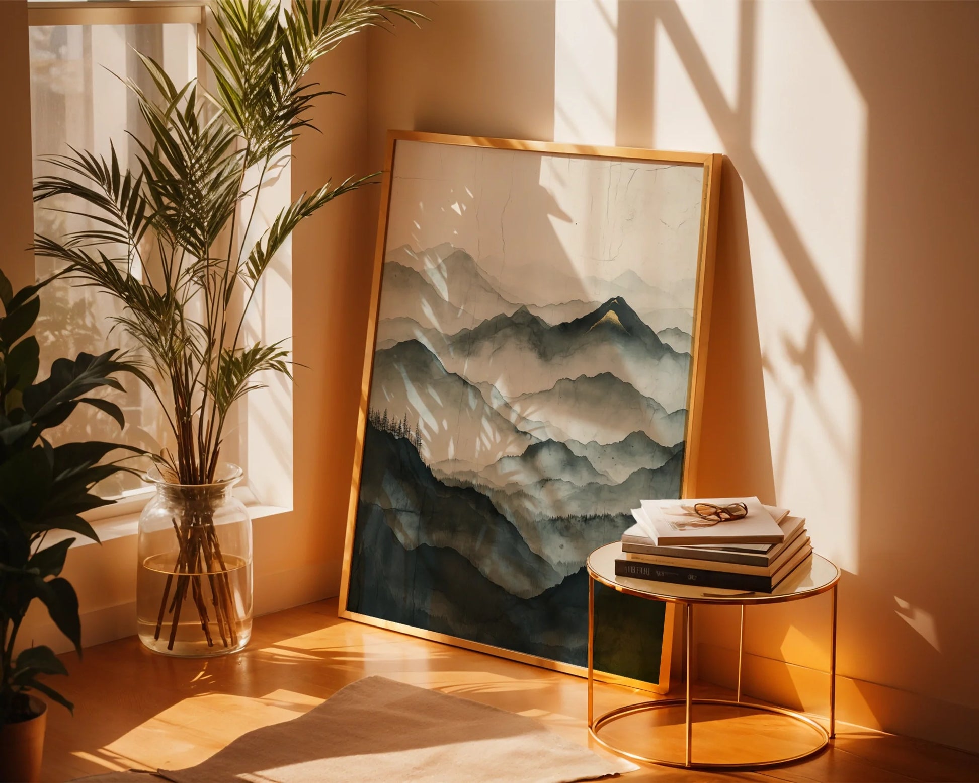 Misty Mountain Landscape Golden Peak Japandi in room