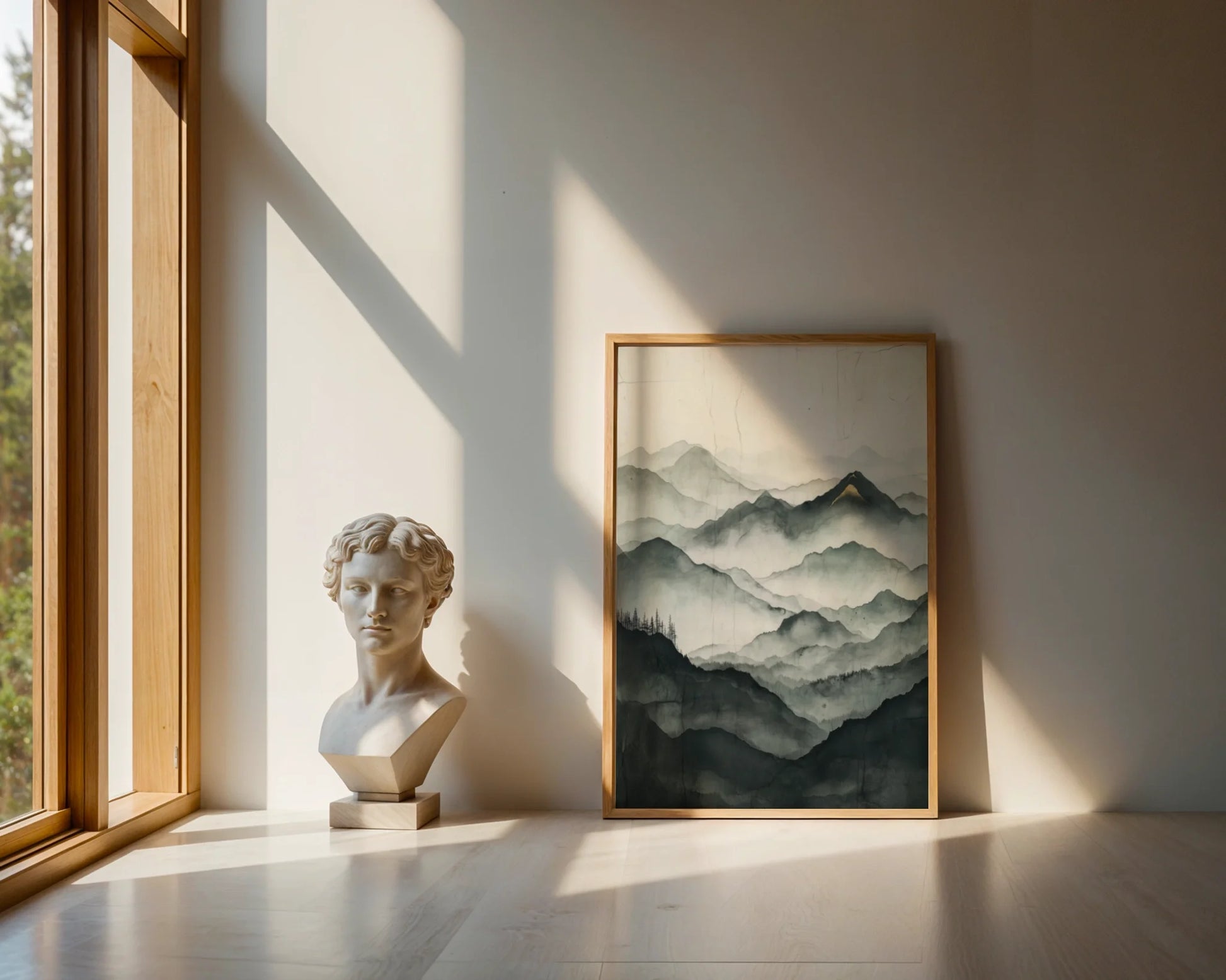 Misty Mountain Landscape Golden Peak Japandi Canvas Wall Art — Eastern aesthetic print showcasing hazy summit views with honeyed glow for tranquil home styling