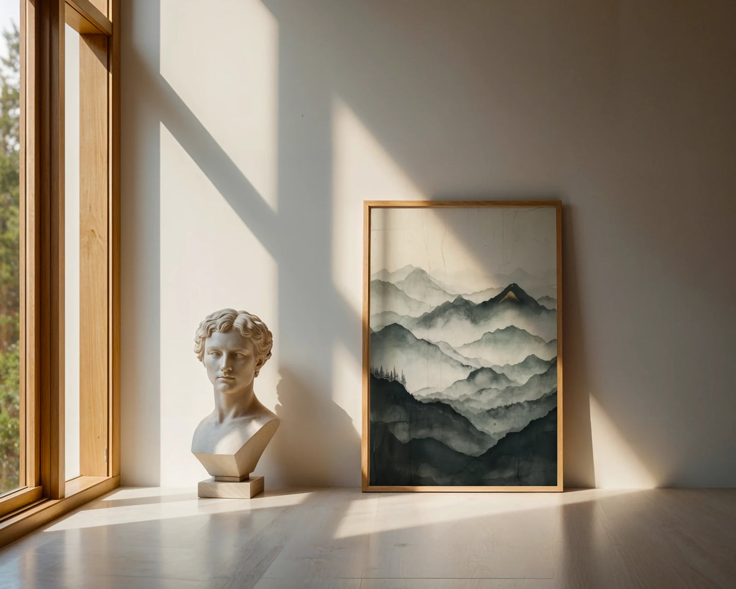 Misty Mountain Landscape Golden Peak Japandi in room