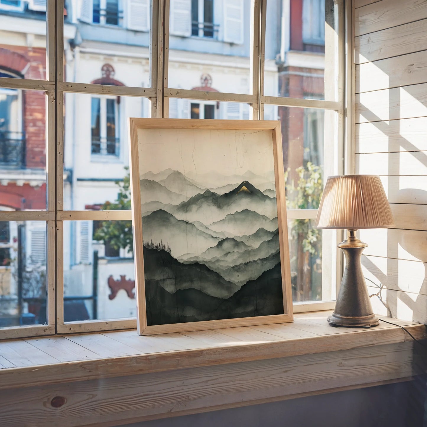 Misty Mountain Landscape Golden Peak Japandi Canvas Wall Art — Understated nature art displaying cascading ridgelines fading into dawn for refined interior design