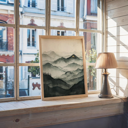 Misty Mountain Landscape Golden Peak Japandi in room