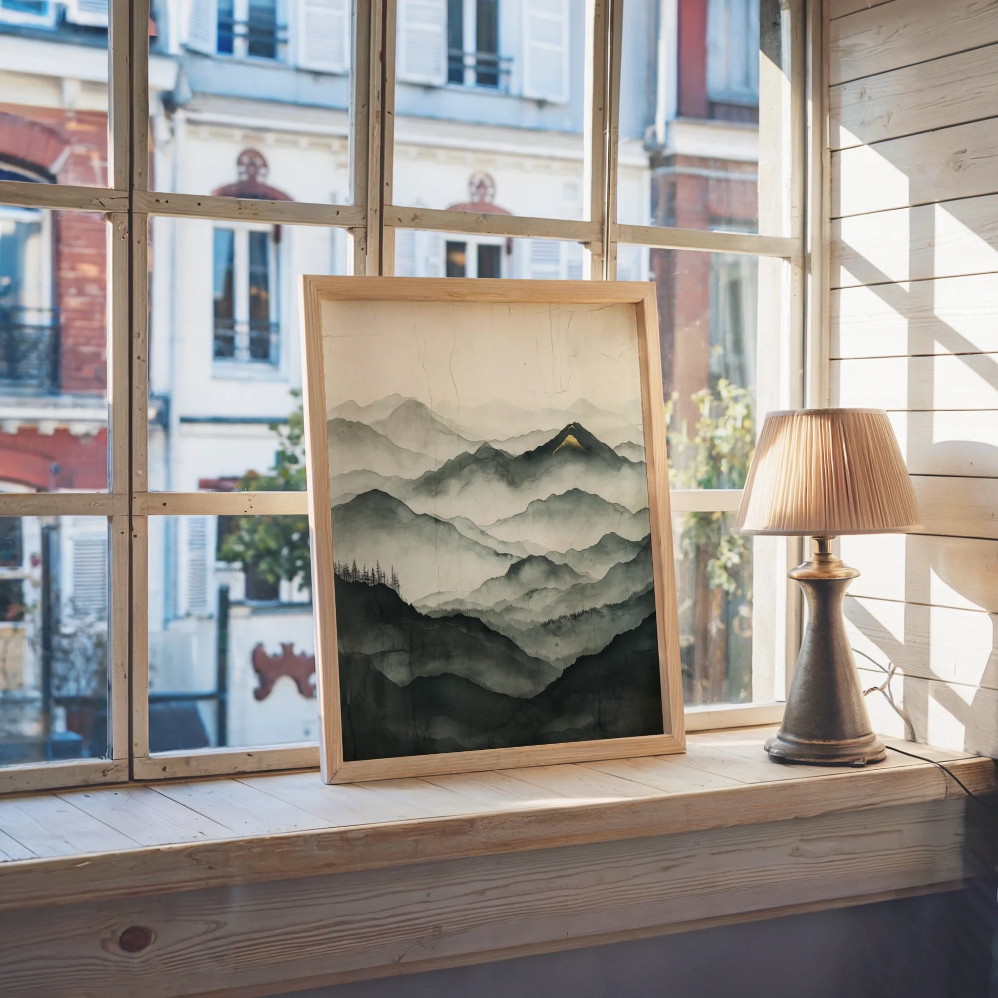 Misty Mountain Landscape Golden Peak Japandi in room
