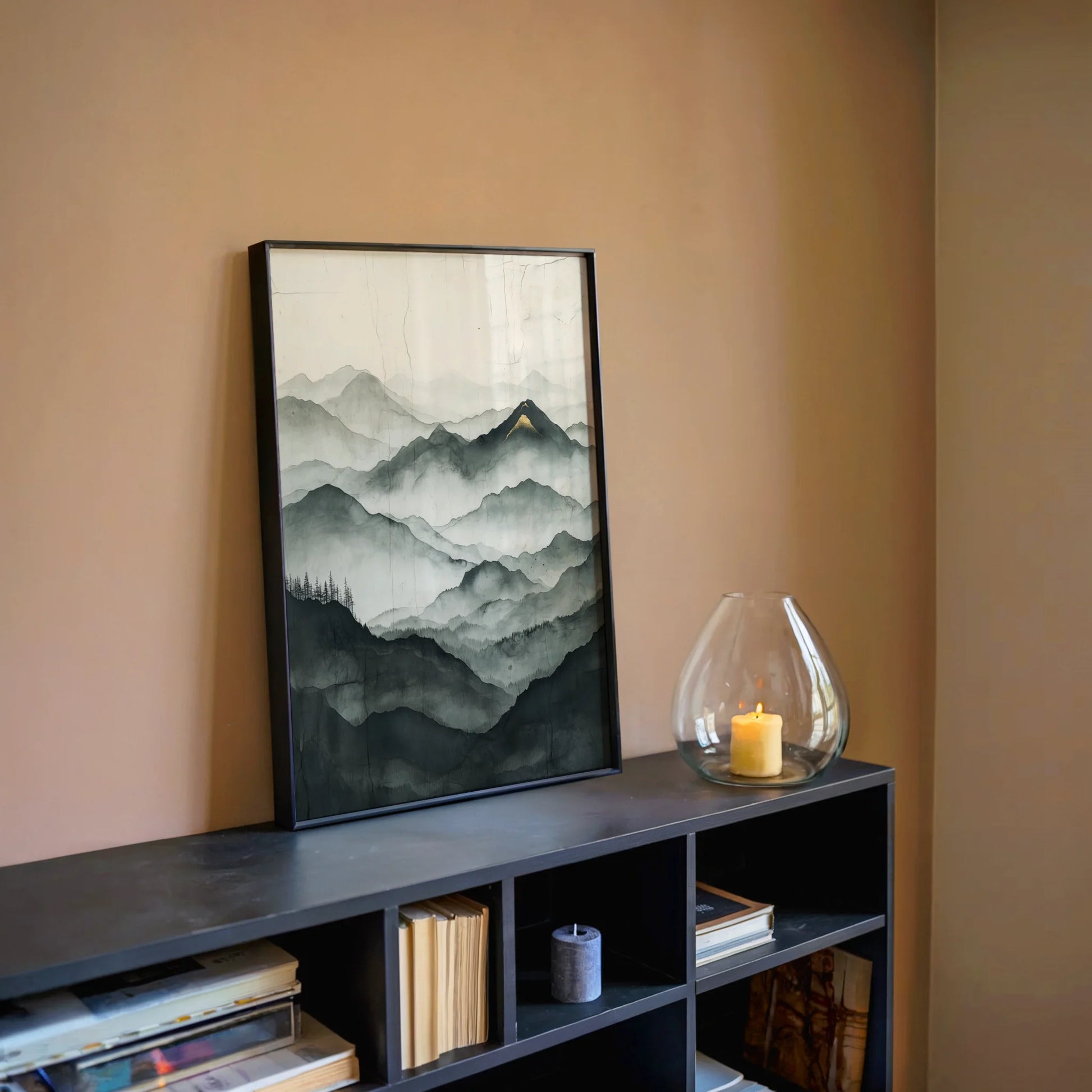 Misty Mountain Landscape Golden Peak Japandi Canvas Wall Art — Sage and pearl toned canvas with rough stone finish displaying serene summit for calming wall decor