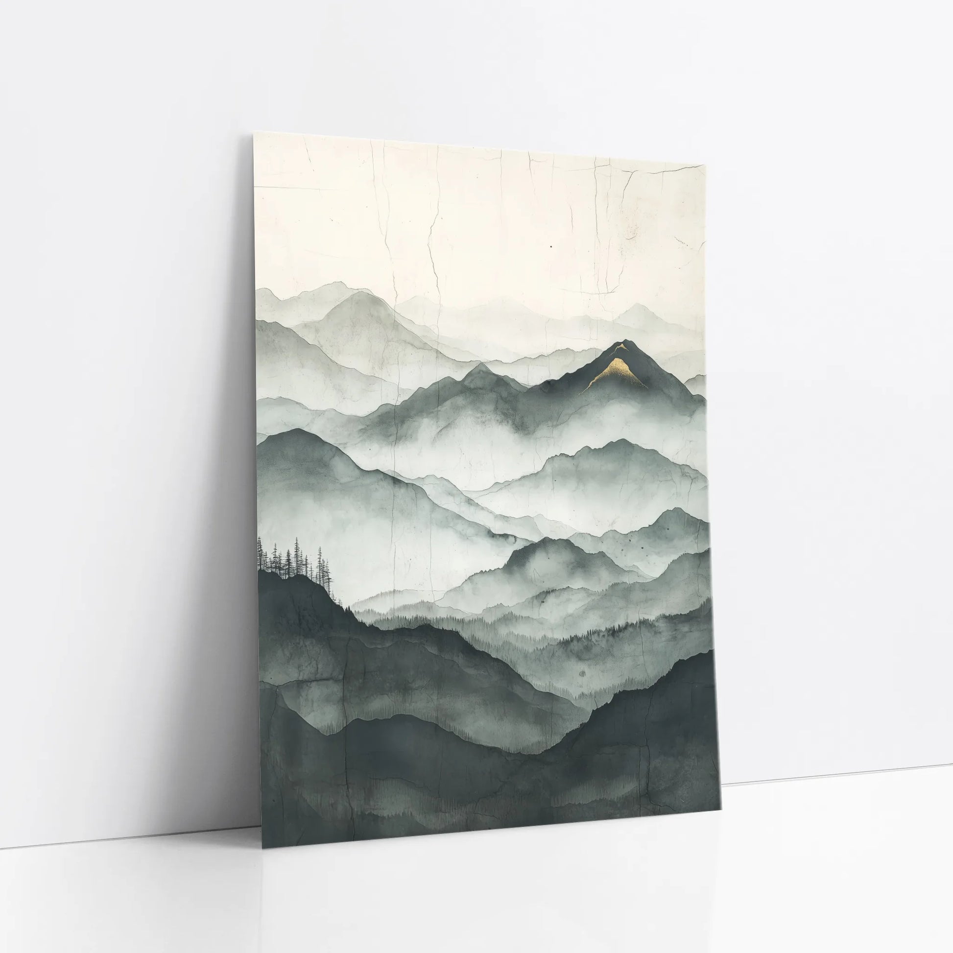 Misty Mountain Landscape Golden Peak Japandi art print