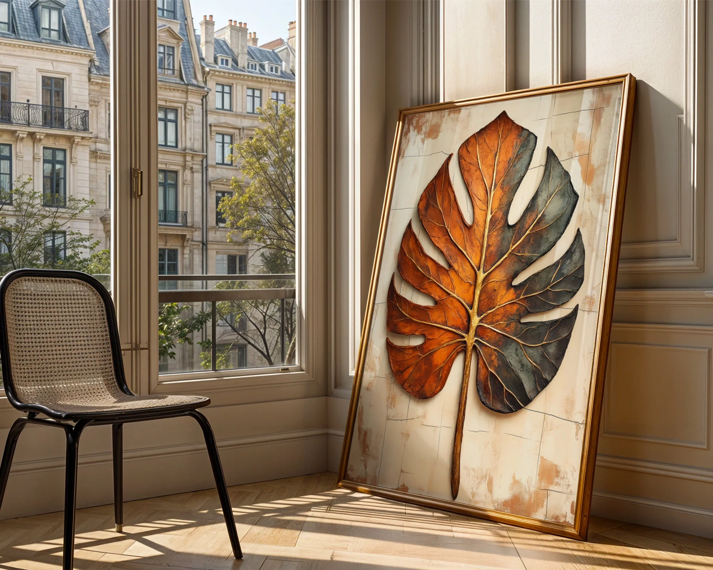 Large Botanical Split Monstera Copper in room