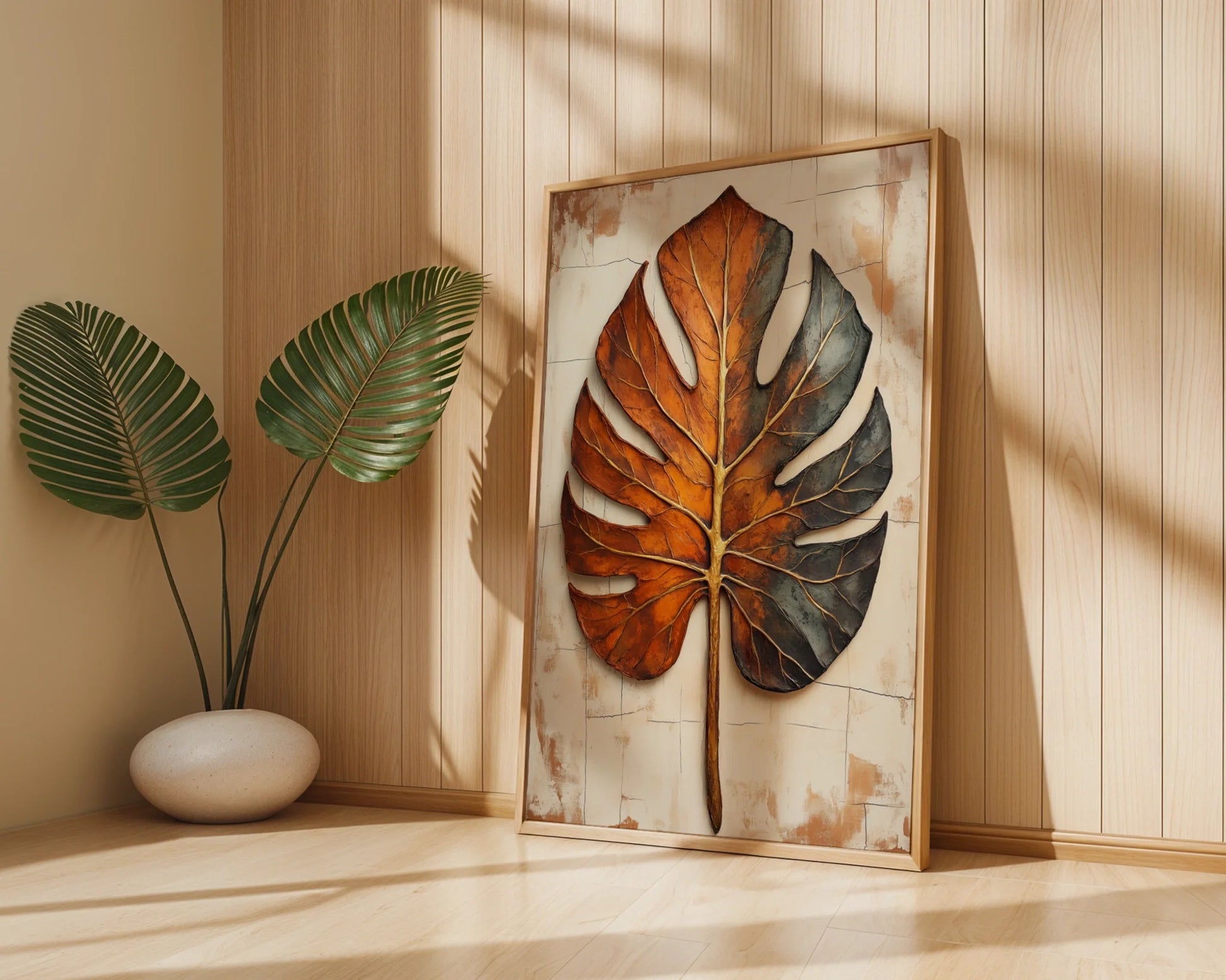 Large Botanical Split Monstera Copper in room