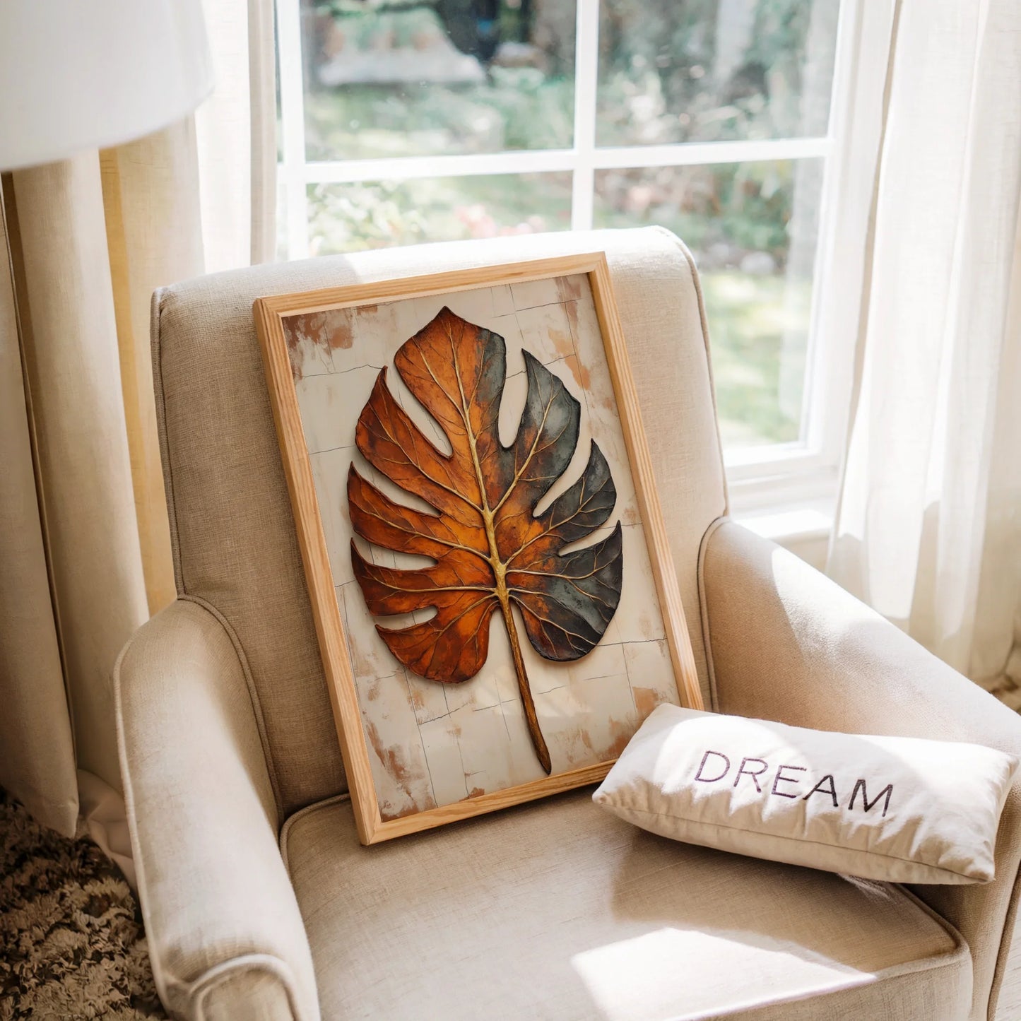 Large Botanical Split Monstera Copper in room