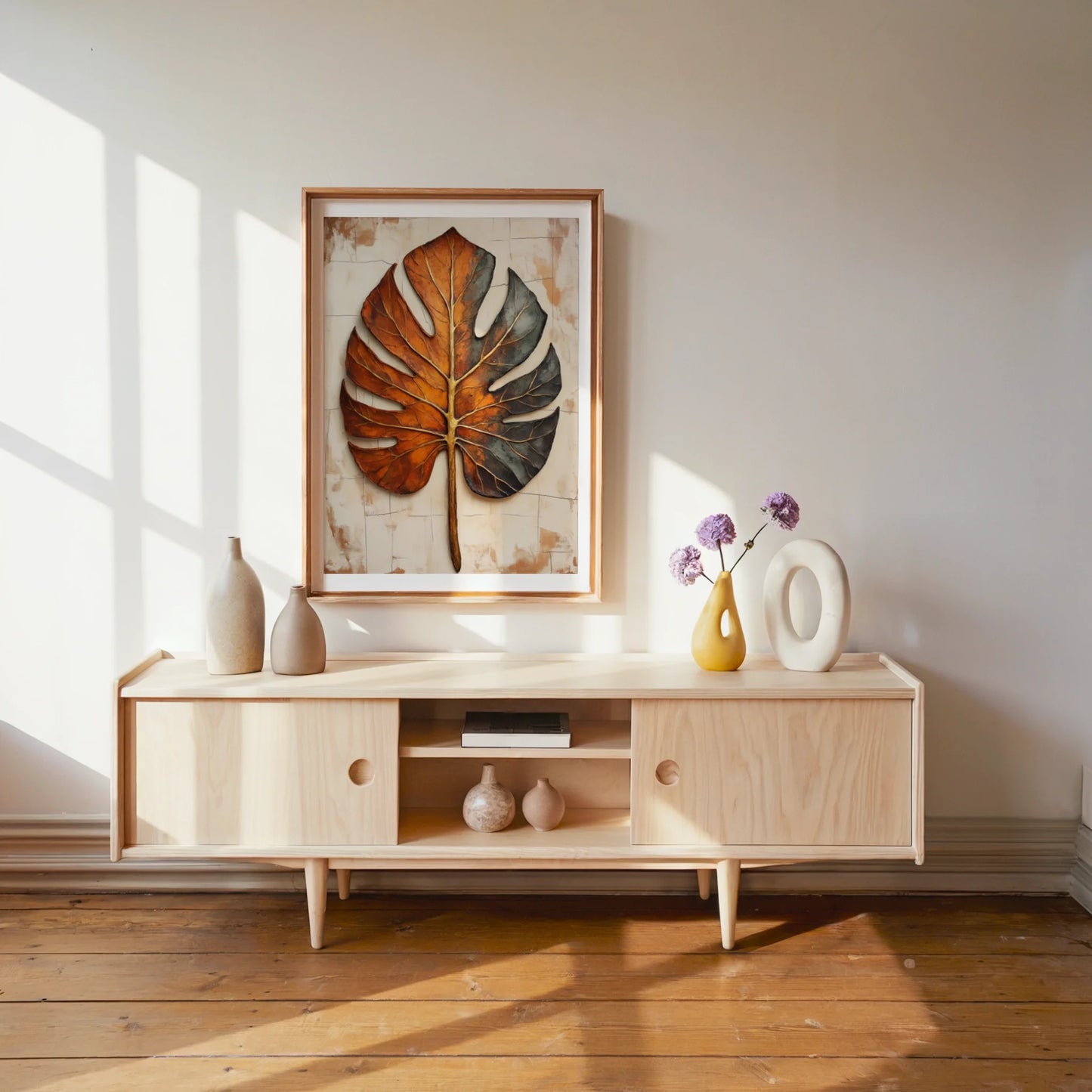 Large Botanical Wall Art Split Monstera Copper Canvas Print — Burnt orange artwork transitioning to muted green with sculptural bronze texture finish