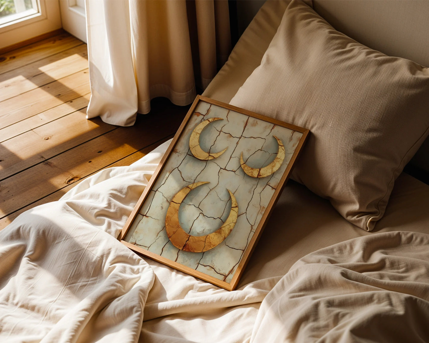 Ancient Crescent Moon Wall Art Boho Fractured Earth Canvas Print — Bohemian canvas displaying three golden crescents rising from cracked earth in neutral living space
