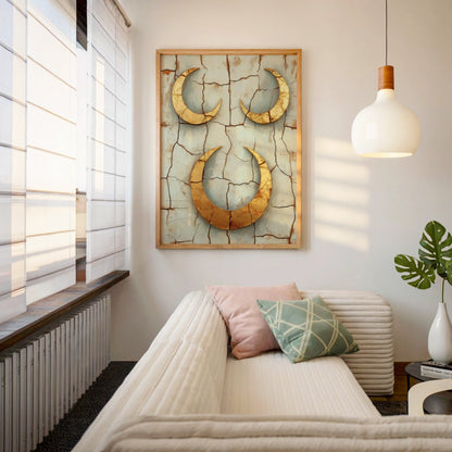 Ancient Crescent Moon Wall Art Boho Fractured Earth Canvas Print — Minimalist canvas showcasing lunar forms emerging from textured surface for bohemian decor