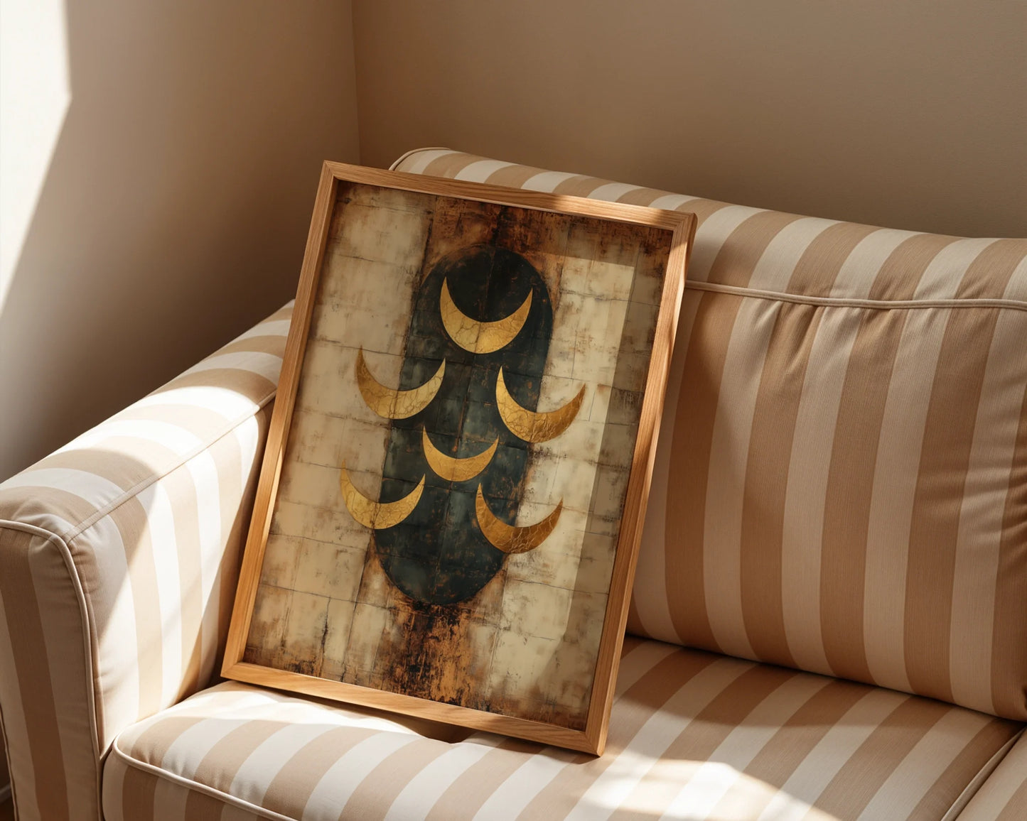 Ancient Moon Phases Gold Patina Seven Crescents Canvas Wall Art — Bohemian canvas featuring seven ascending lunar crescents for eclectic home styling and artistic expression